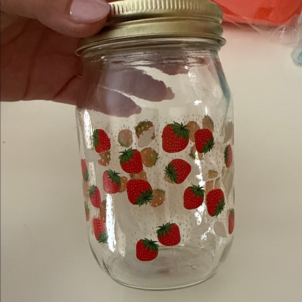 NWT Strawberry Pattern Glass Jar with Gold Lid